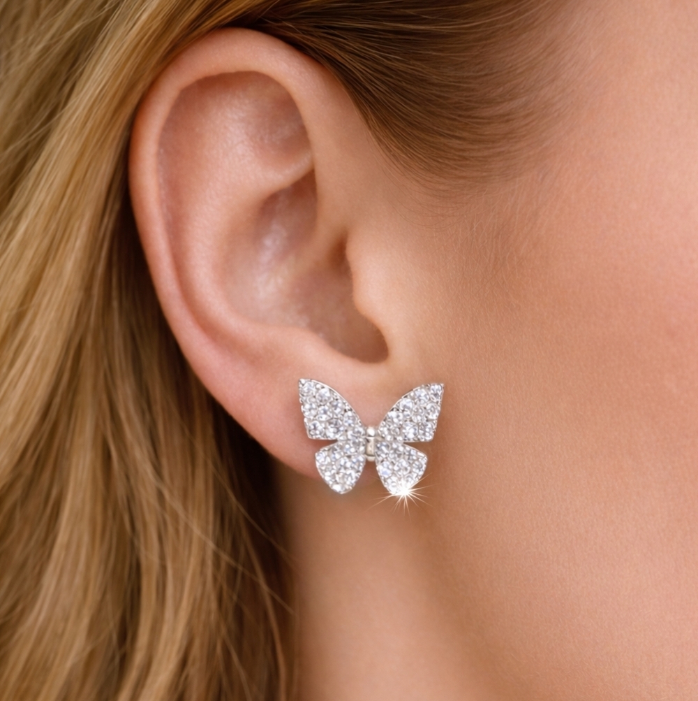 Sparkling Butterfly Rhinestone Stud Earrings Silver-Tone with Sterling Post